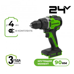 Изображение GD24DD90 Дрель-шуруповерт Greenworks 24V, 45/90 Нм, бесщеточная,2x4Ач и ЗУ 3707507CUD